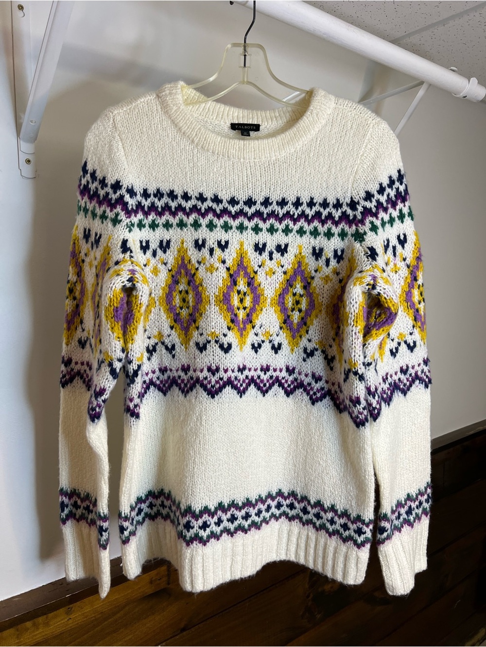 Talbots Ivory Fair Isle Chunky Knit Sweater with Yellow & Purple Pattern- M